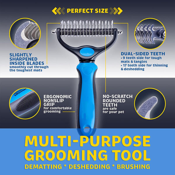 Pet Grooming Tool - 2 Sided Undercoat Rake for Cats Dogs brush - Safe Dematting Comb for Easy Mats Tangles Removing